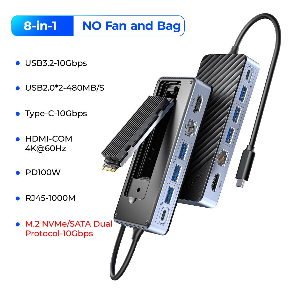 ORICO tipo C HUB con ventilador de refrigeración M.2 NVMe SATA SSD gabinete externo 10Gbps 4K 60Hz HDMI-Com RJ45 SD/TF estación de acoplamiento USB