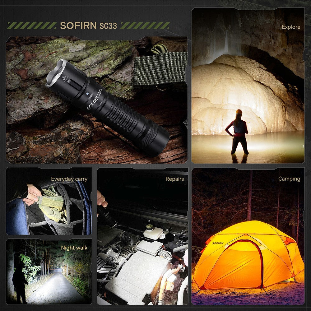 Sofirn SC33 5200 lumen Linterna LED XHP70.3 HI Linterna táctica Potente linterna recargable 21700 USB C con interruptor de cola E iluminación externa, potente linterna para caza, uso policial, defensa personal