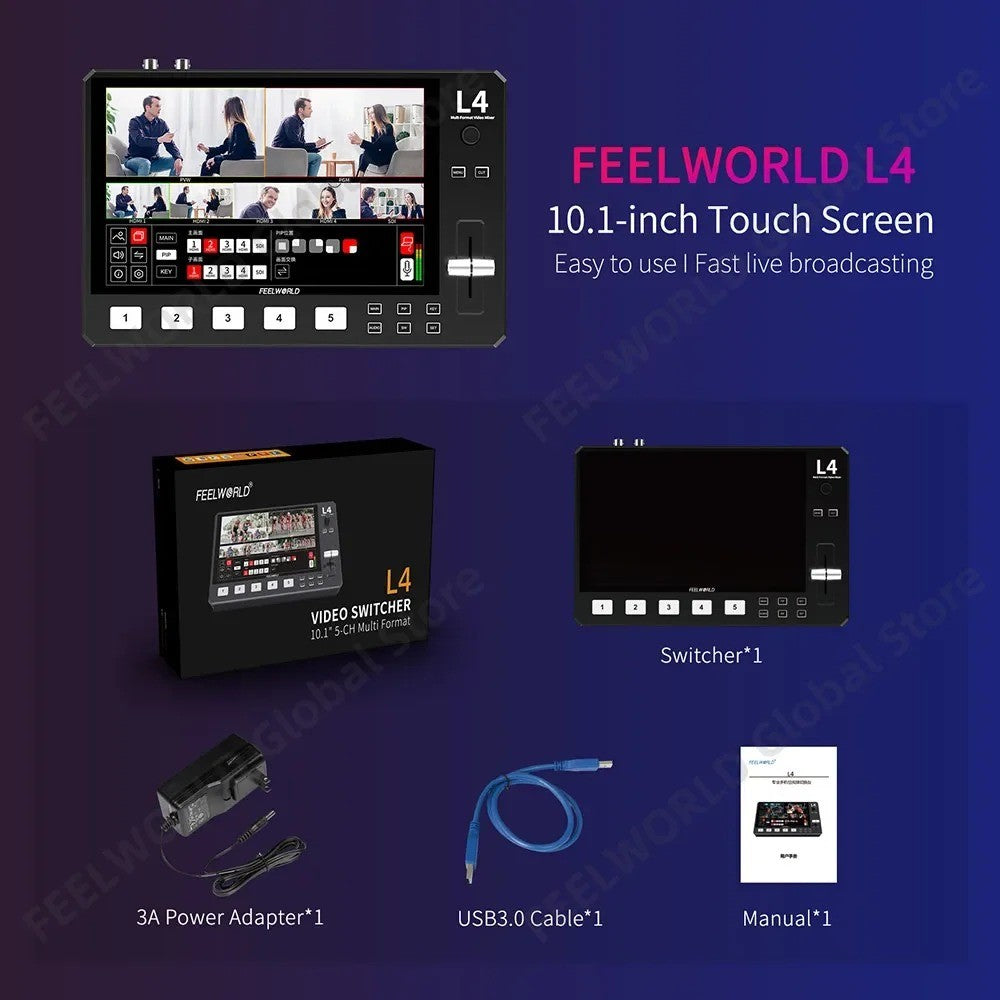 FEELWORLD L4 conmutador de vídeo para cámara, pantalla táctil de 10,1 pulgadas,