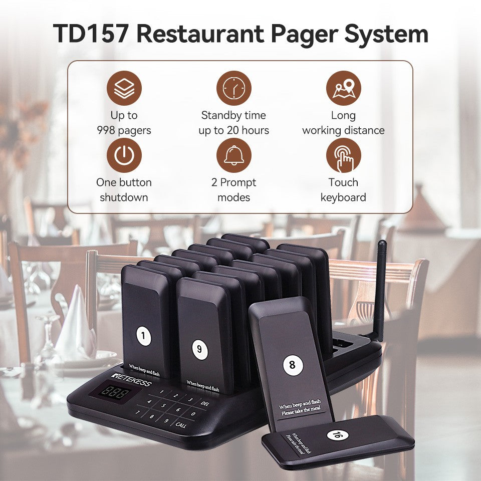 RETEKESS TD157 Sistema de Llamada Inalámbrico para Restaurantes, Localizadores de Mesa, Receptores de Señal Sonora para Food Trucks, Restaurantes de Comida Rápida, Cafeterías y Bares