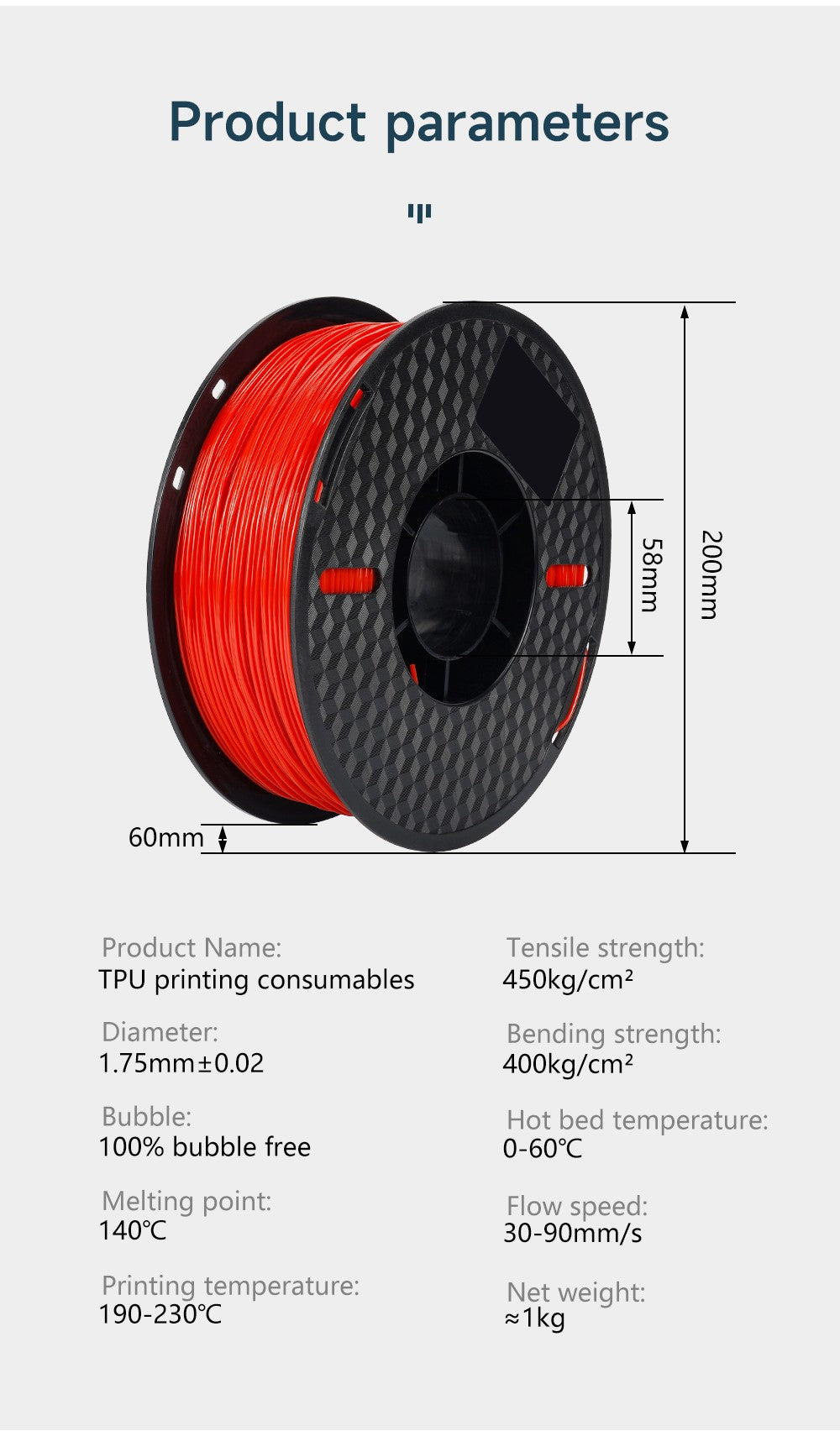 Filamento de impresora 3D KINGROON TPU 1KG 1,75mm Material de impresión 3D suave y Flexible red de plástico TPU de alta resistencia peso 1 kg/rollo