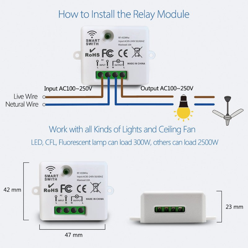 Interruptor inalámbrico RF 433Mhz Interruptor de luz Control remoto 86 Panel de pared 10A 110V-220V Receptor para lámpara LED ventilador