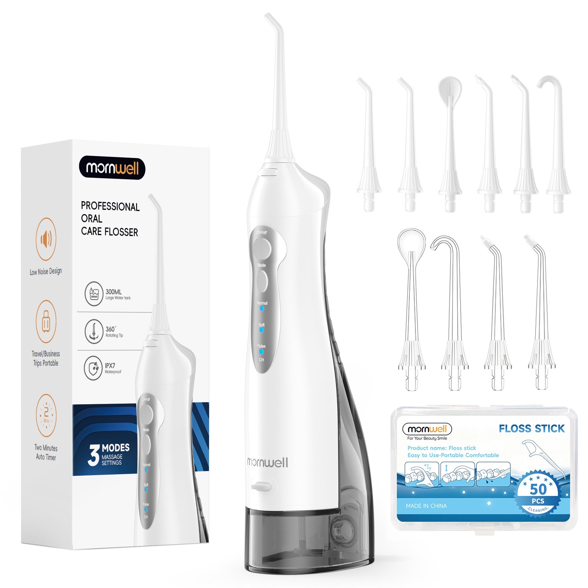 Irrigador Bucal Mornwell con 6 Boquillas y 3 Modos, Irrigador Dental Inalámbrico Portátil D52, Limpiador de Dientes con Resistencia al Agua IPX7
