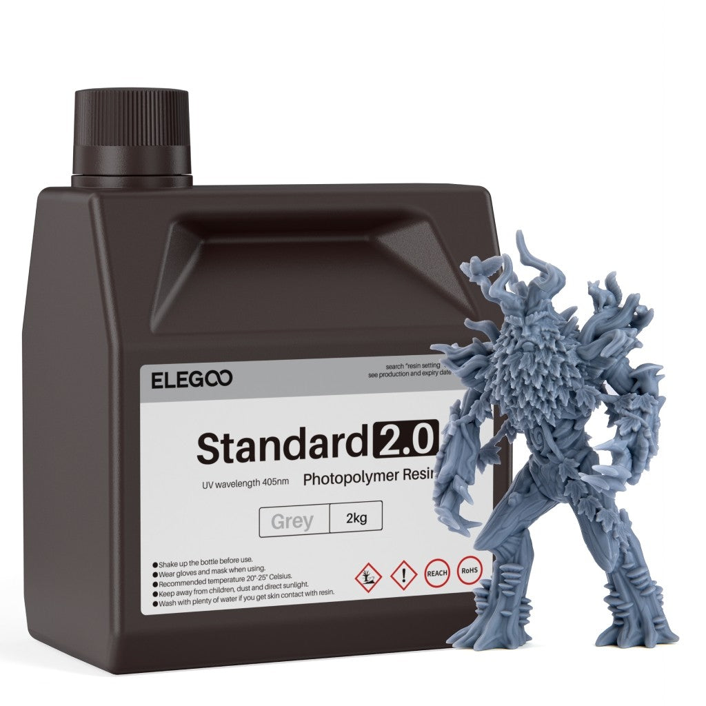 Resina para Impresora 3D ELEGOO, 2 kg, 405 nm, Resina Fotopolímera Estándar de Curado UV para Impresión 3D LCD, Alta Precisión, Bajo Olor, Gris 2000 g