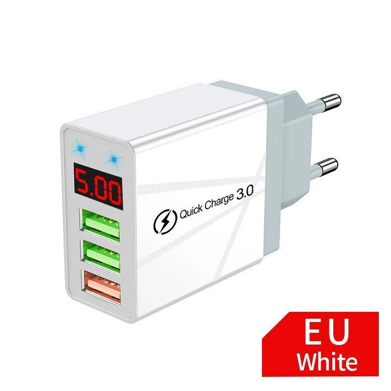 Cargador USB de 3 puertos, adaptador de pared de carga rápida con pantalla Digital LED para Samsung S23 Xiaomi 14 Pro Huawei Mate 60 Redmi