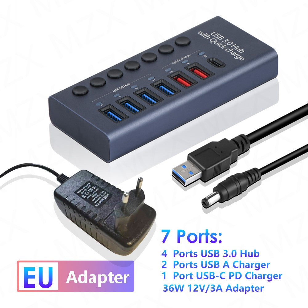 USB 3,0 Hub Socket Switch 4 6 10 puertos concentrador multi-tap multipuerto estación de acoplamiento cargador fuente de alimentación múltiple tipo C