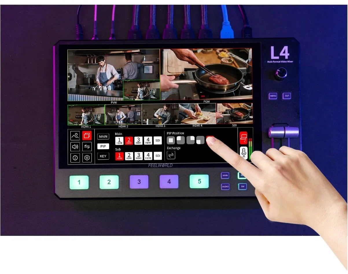 FEELWORLD L4 conmutador de vídeo para cámara, pantalla táctil de 10,1 pulgadas,