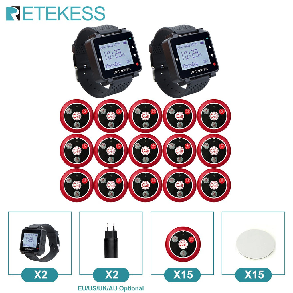 RETEKESS-sistema inalámbrico de llamadas para camarero, buscapersonas para restaurante, receptor de reloj T128, botón de llamada T117, servicio al cliente para cafetería