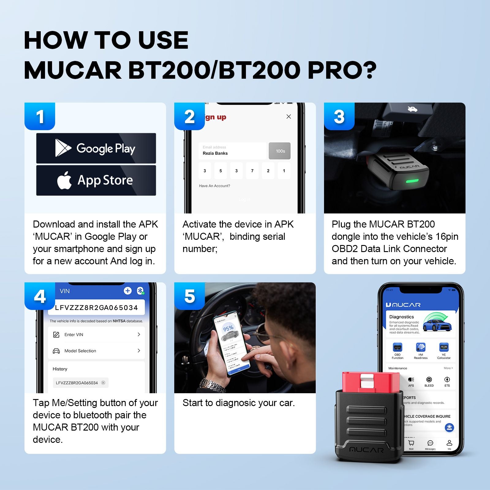 MUCAR BT200 / BT200 Pro OBD2 escáner sistema completo automático diagnóstico sin vida aceite SAS reinicio libre 1 año herramientas de diagnóstico de coche