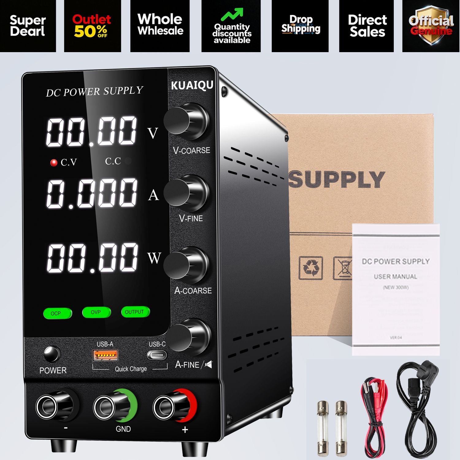 Fuente de Alimentación CC KUAIQU 30V 10A 5A, Fuente de Alimentación de Banco Variable Ajustable para Laboratorio, Regulador de Voltaje 60V 5A 120V 3A