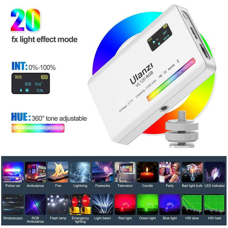 Ulanzi VL120 luz de vídeo blanca RGB a todo Color 2500K-9000K luz LED de fotografía luz de cámara regulable luz de relleno Vlog en vivo