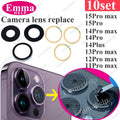 EmmaHelp Juego de 10 cristales de repuesto para cámara trasera de iPhone 15 14 13 XR X XS SE 7 8 11 12 Pro Max, cubierta de lente de cámara trasera, adhesivo de repuesto A+