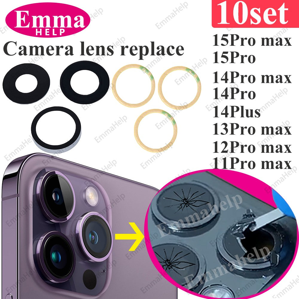 EmmaHelp Juego de 10 cristales de repuesto para cámara trasera de iPhone 15 14 13 XR X XS SE 7 8 11 12 Pro Max, cubierta de lente de cámara trasera, adhesivo de repuesto A+