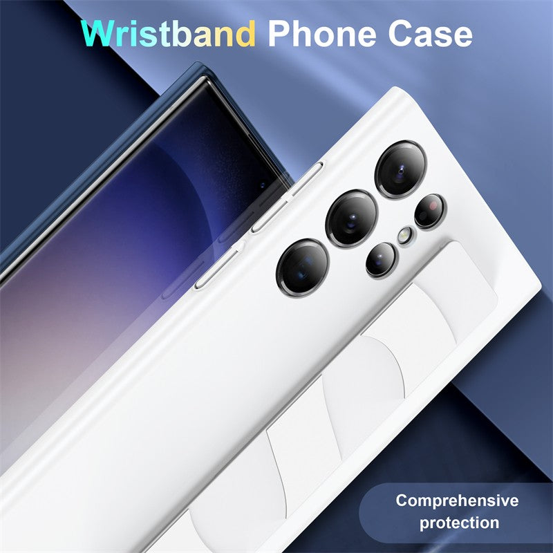 Funda de silicona elástica de lujo con correa para la muñeca para Samsung Galaxy S25Edge S24 S23 Ultra Plus, cubierta fina transparente mate para PC dura a prueba de golpes