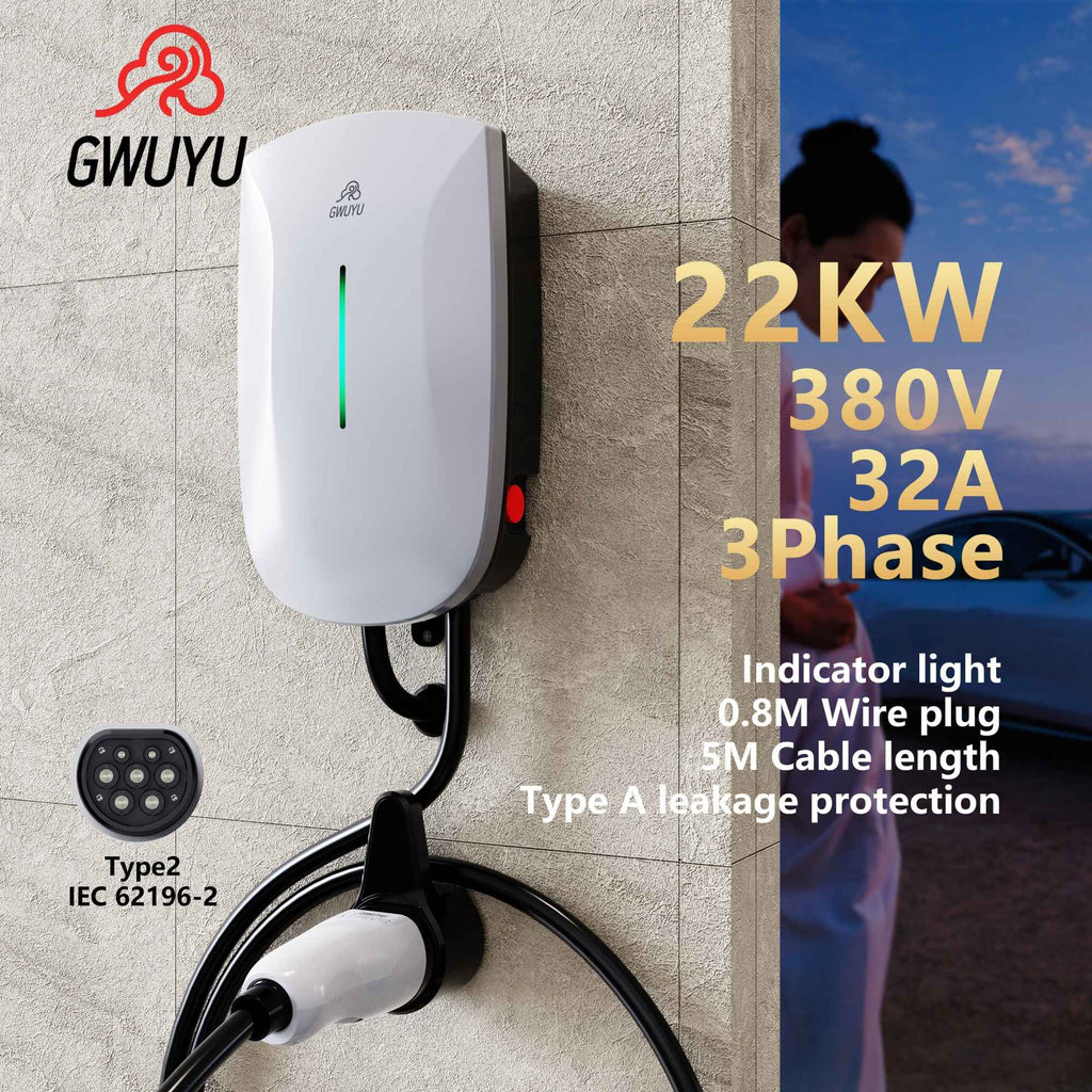 Estación de carga EV GWUYU Plug and Play Tipo 2 IEC62196-2 32A 7KW 220V 22KW 380V 11KW 16A 3 fases EVSE Wallbox 5 metros