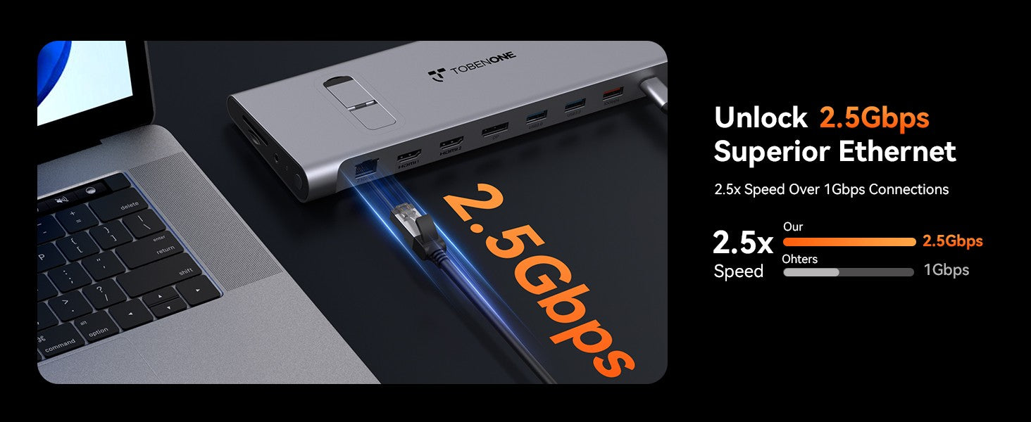 TobenONE Estación de acoplamiento USB C Soporte para computadora portátil Monitor 4K dual/triple con fuente de alimentación Gan III de 100 W, Ethernet de 2,5 Gbps