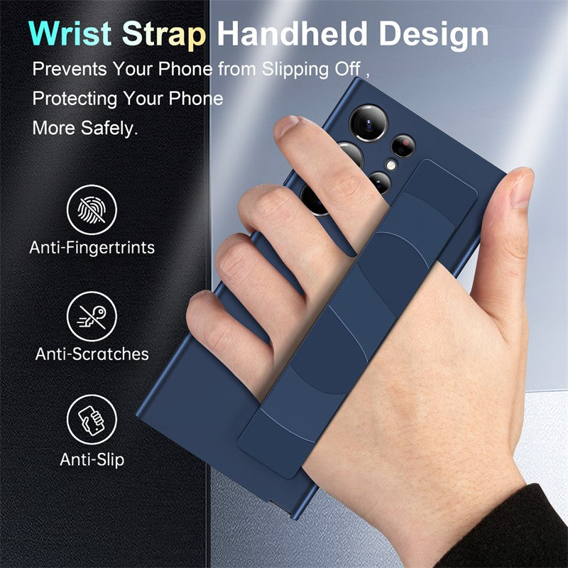 Funda de silicona elástica de lujo con correa para la muñeca para Samsung Galaxy S25Edge S24 S23 Ultra Plus, cubierta fina transparente mate para PC dura a prueba de golpes