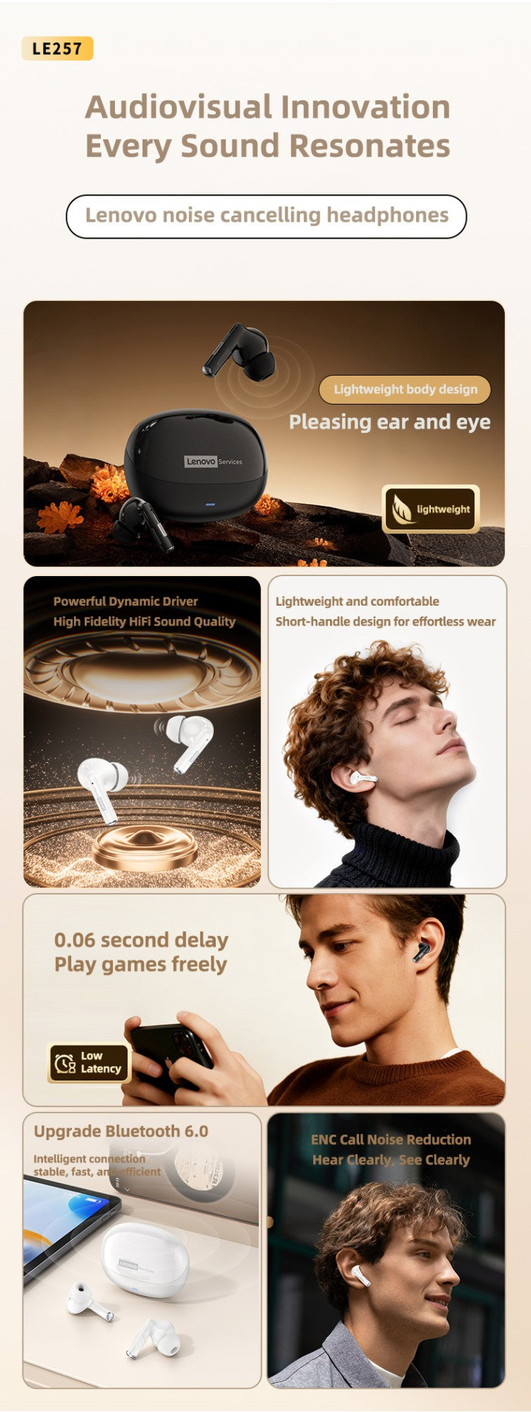 Auriculares Inalámbricos Lenovo LE257 con Bluetooth 6.0, Sonido HiFi, Cancelación de Ruido ENC, Auriculares TWS para Juegos y Deportes con Micrófono