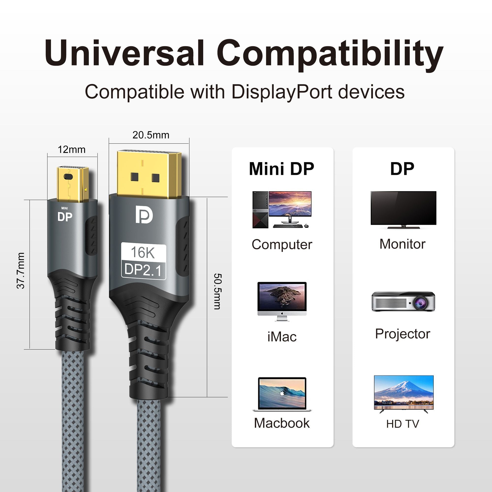 Cable Mini DP a DisplayPort 8K Cable de transmisión de conversión bidireccional DP1.4 16K@60Hz 4K@144Hz para proyector MacBook Air