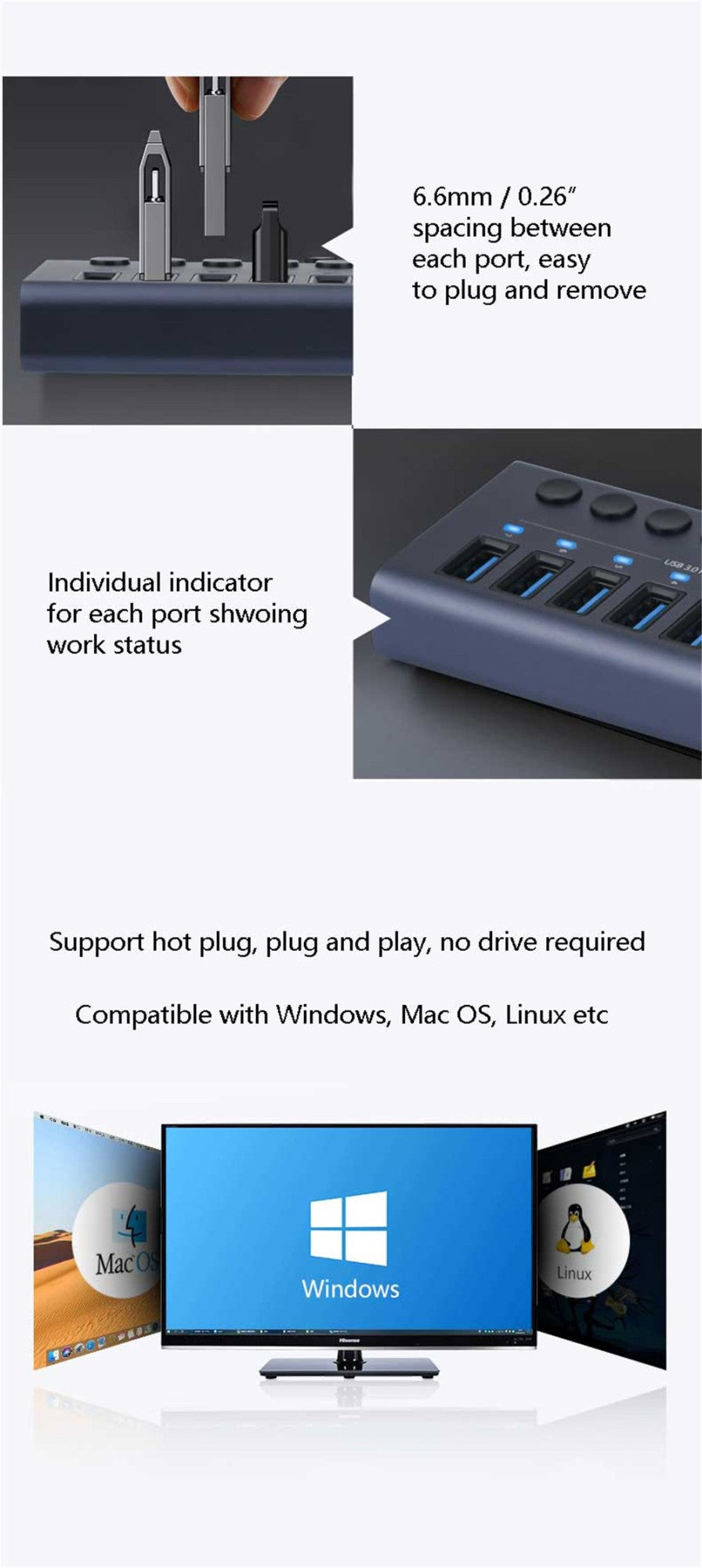 USB 3,0 Hub Socket Switch 4 6 10 puertos concentrador multi-tap multipuerto estación de acoplamiento cargador fuente de alimentación múltiple tipo C