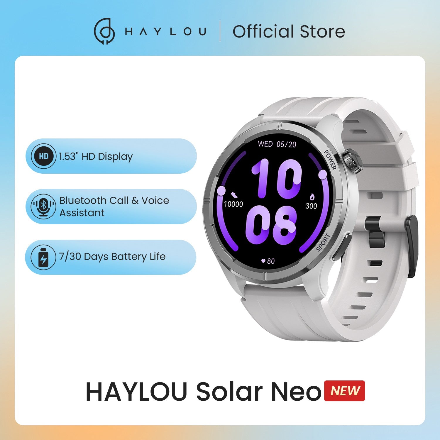 HAYLOU Solar Neo Reloj inteligente Pantalla HD de 1,53'' Llamada Bluetooth Monitoreo de salud 24 horas Relojes inteligentes Hombres Mujeres Relojes deportivos inteligentes