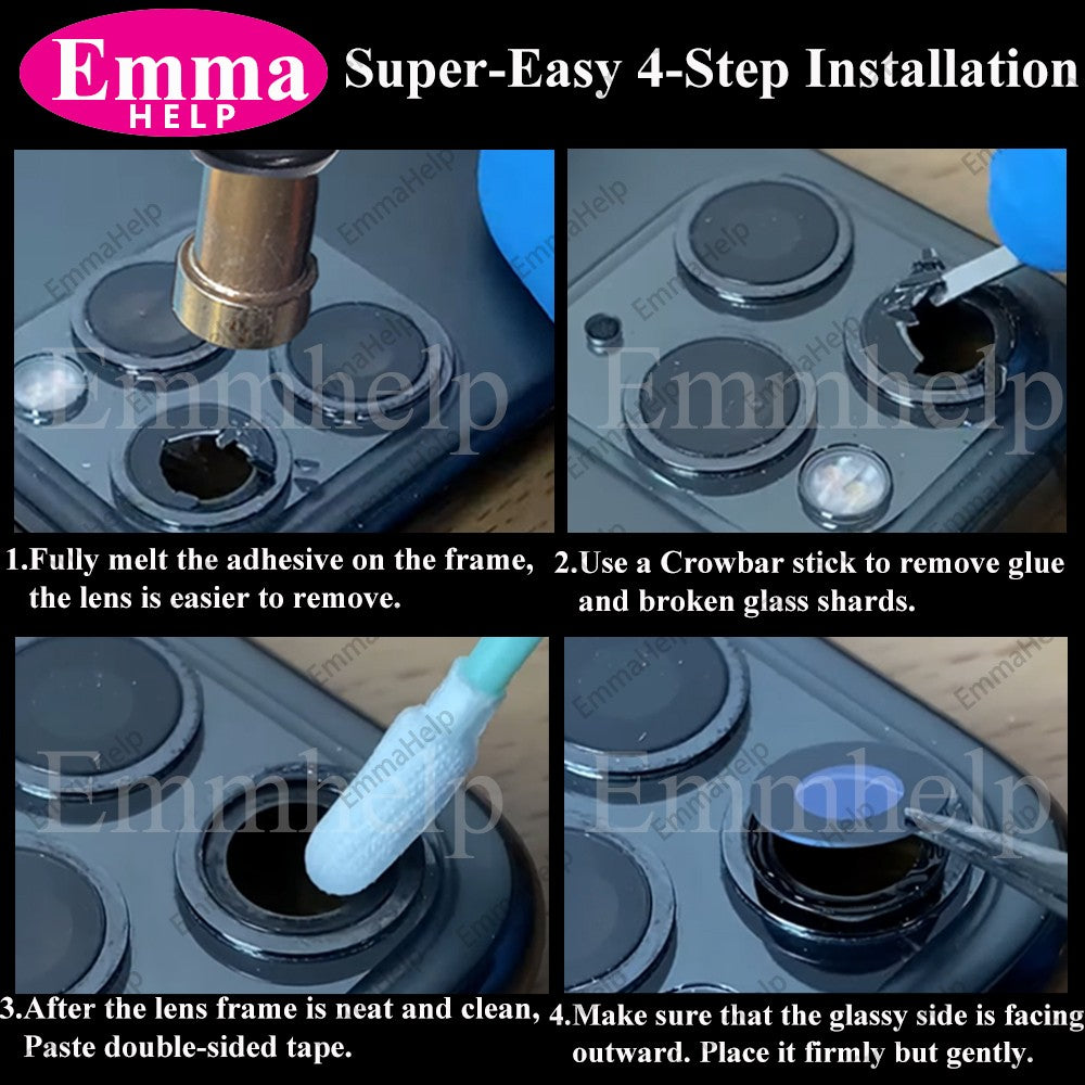 EmmaHelp Juego de 10 cristales de repuesto para cámara trasera de iPhone 15 14 13 XR X XS SE 7 8 11 12 Pro Max, cubierta de lente de cámara trasera, adhesivo de repuesto A+