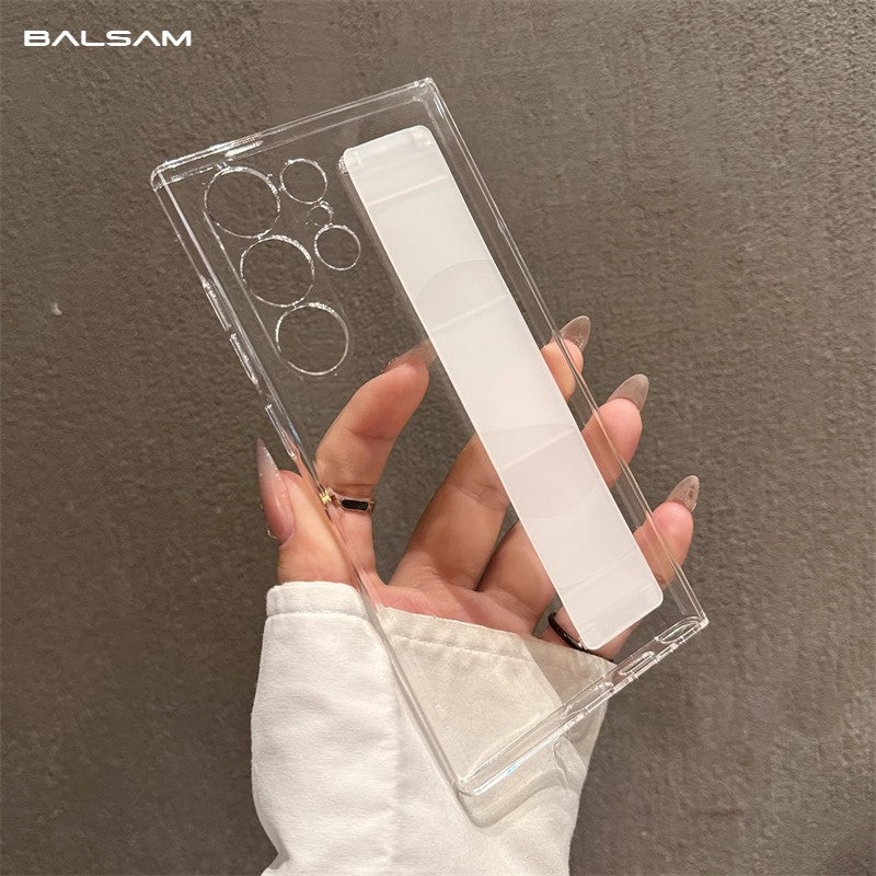 Funda de silicona elástica de lujo con correa para la muñeca para Samsung Galaxy S25Edge S24 S23 Ultra Plus, cubierta fina transparente mate para PC dura a prueba de golpes