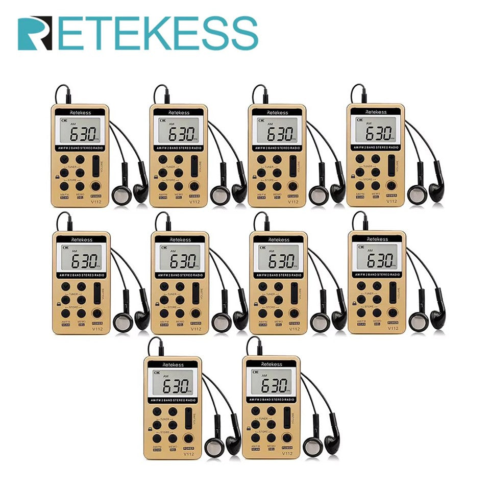RETEKESS-Radio de 2 bandas V112, 10 piezas, FM, AM, Mini sintonización Digital portátil, receptor de Radio con batería recargable y auriculares