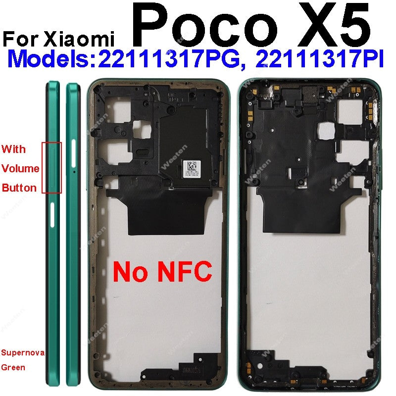 Marco medio para Xiaomi Poco X5 Poco X5 Pro con carcasa trasera NFC, chasis de marco frontal con botones de volumen, piezas de reparación