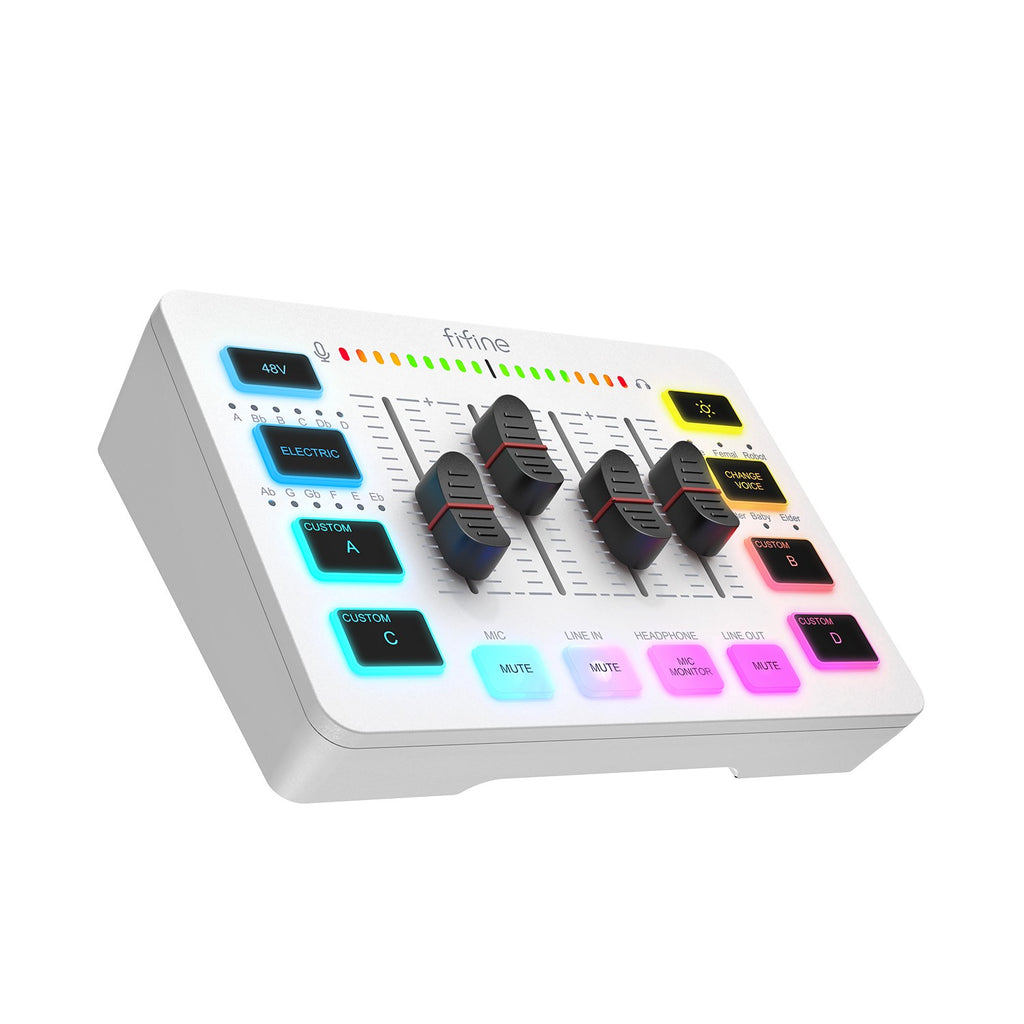 FIFINE mezclador de Audio para juegos, mezclador de transmisión de 4 canales RGB con interfaz de micrófono XLR, para voz de juego, Podcast,AmpliGame SC3