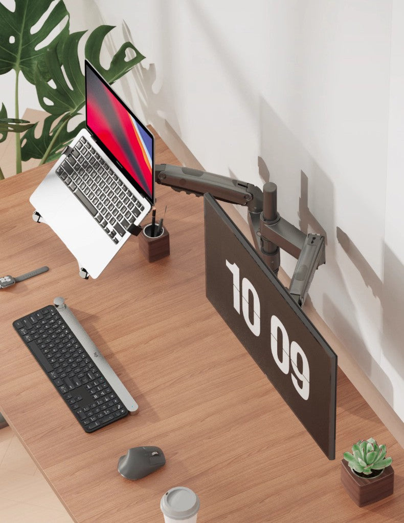 Soporte de Escritorio para Monitor LCD NB H180 FP-2 de 17'-27' + Soporte para Laptop de 10'-17' con Resorte de Gas, Movimiento Completo, 2-12 kg, Abrazadera de Doble Brazo