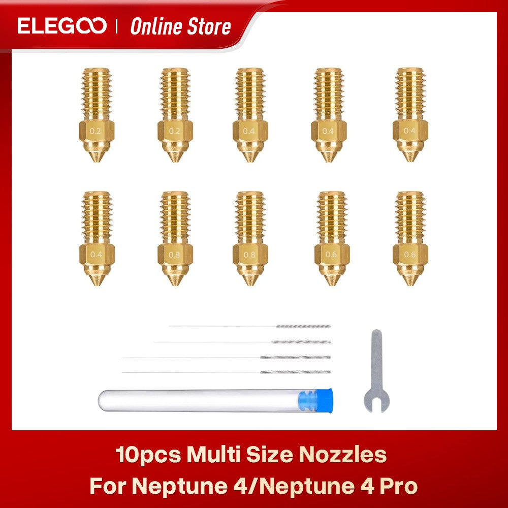 ELEGOO-boquillas de varios tamaños, 10 piezas, para impresora 3D Neptune 4 y Neptune 4 Pro, boquillas de latón Hotend 0,2/0,4/0,6/0,8mm