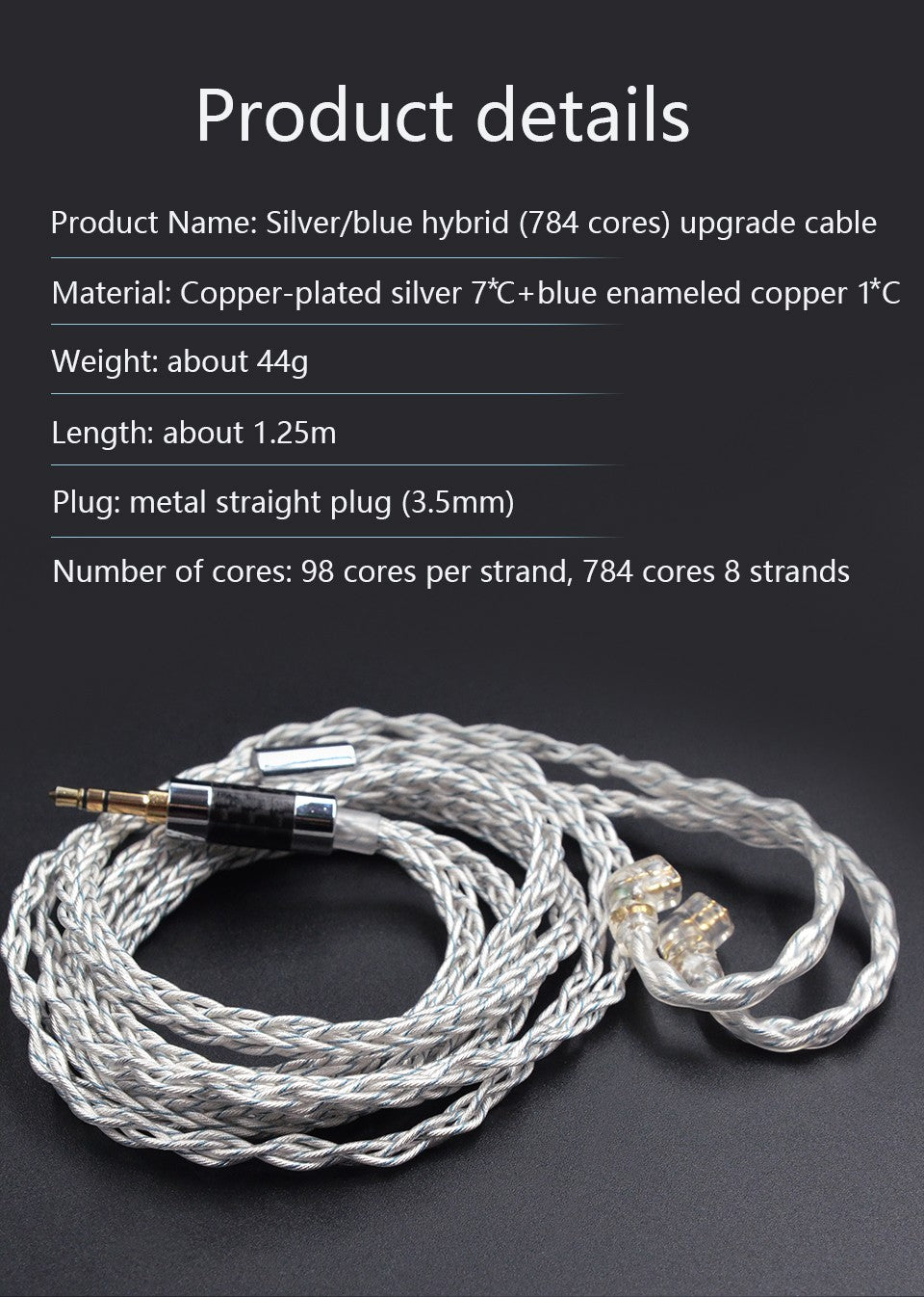 KZ 8 núcleos plata azul híbrido 784 núcleos Cable de actualización plateado Cable de auriculares para KZ ZS10 PRO ZSN PRO ZSX DQ6 ZAX ASX ASF