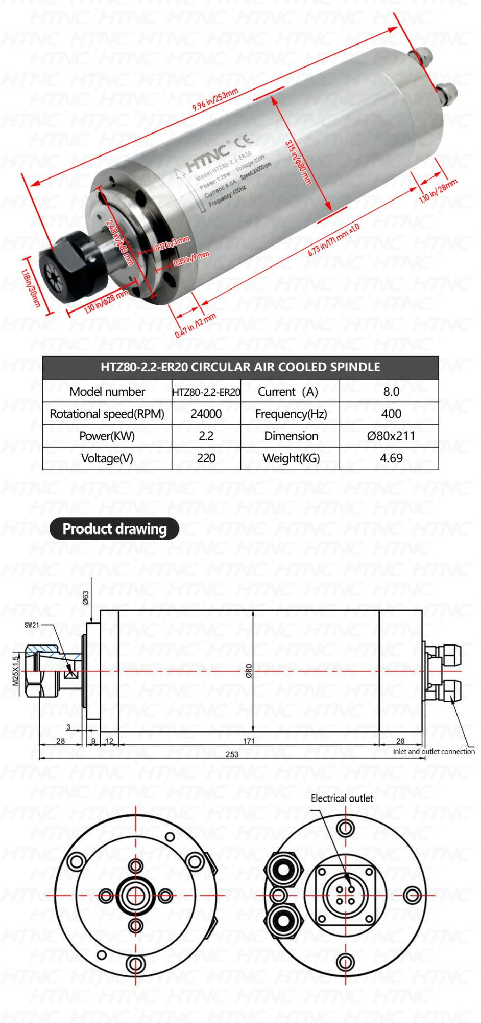 Motor de husillo CNC de 2200W, 220v ER20, 2,2 kW, husillo de refrigeración por agua redondo, 24000RPM + 2,2 kW VFD 50/60hz + bomba de agua + soporte de 80mm