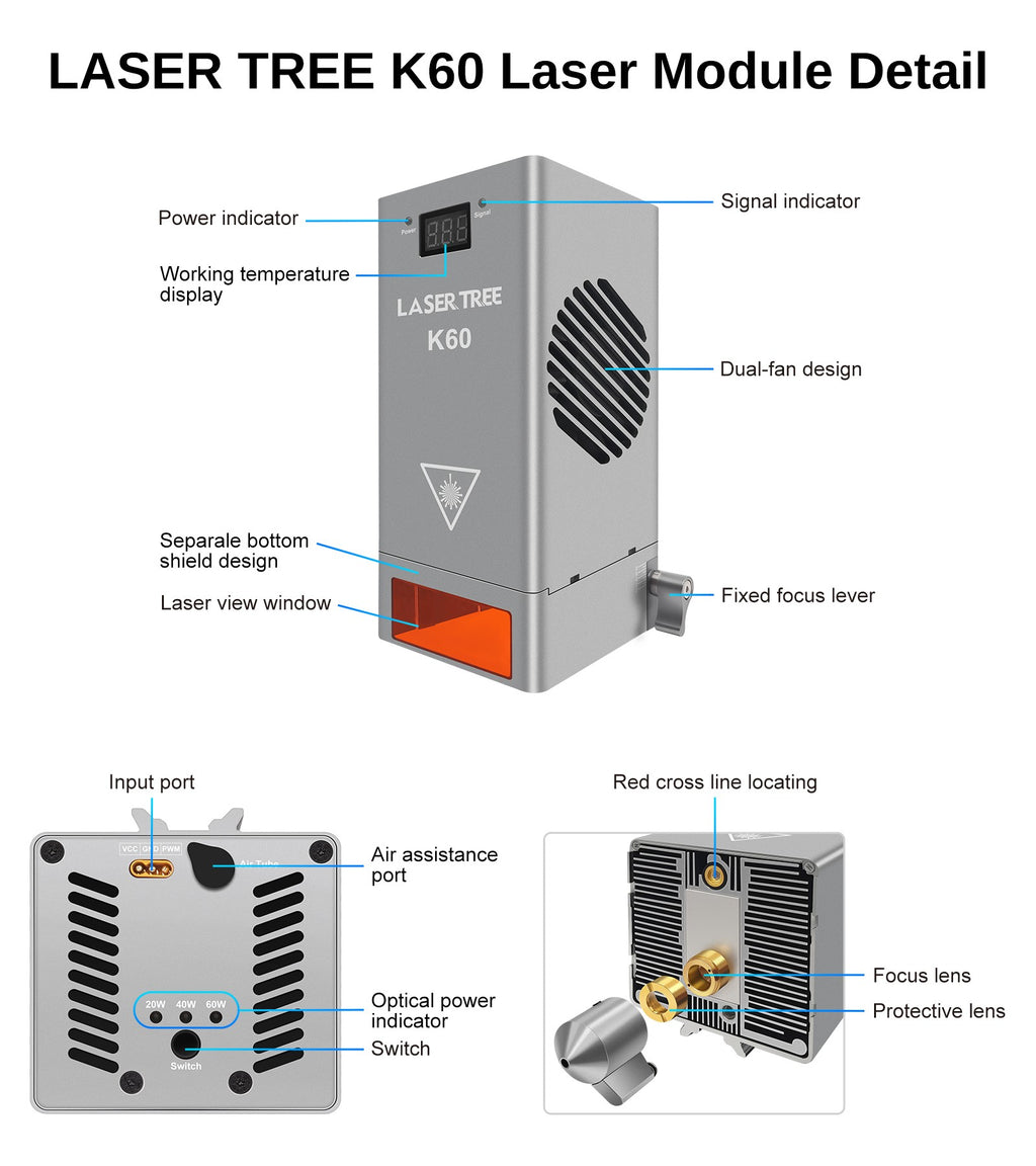Árbol láser K60 de potencia óptica, cabezal láser de 60W, módulo de potencia ajustable de 20W/40W para grabado láser CNC, herramientas de corte de carpintería DIY