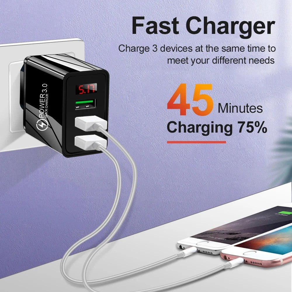 Cargador USB de 3 puertos, adaptador de pared de carga rápida con pantalla Digital LED para Samsung S23 Xiaomi 14 Pro Huawei Mate 60 Redmi