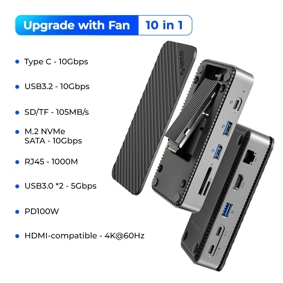 ORICO tipo C HUB con ventilador de refrigeración M.2 NVMe SATA SSD gabinete externo 10Gbps 4K 60Hz HDMI-Com RJ45 SD/TF estación de acoplamiento USB