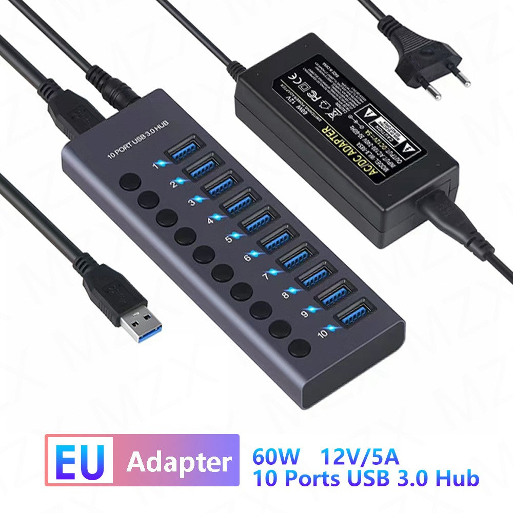 USB 3,0 Hub Socket Switch 4 6 10 puertos concentrador multi-tap multipuerto estación de acoplamiento cargador fuente de alimentación múltiple tipo C
