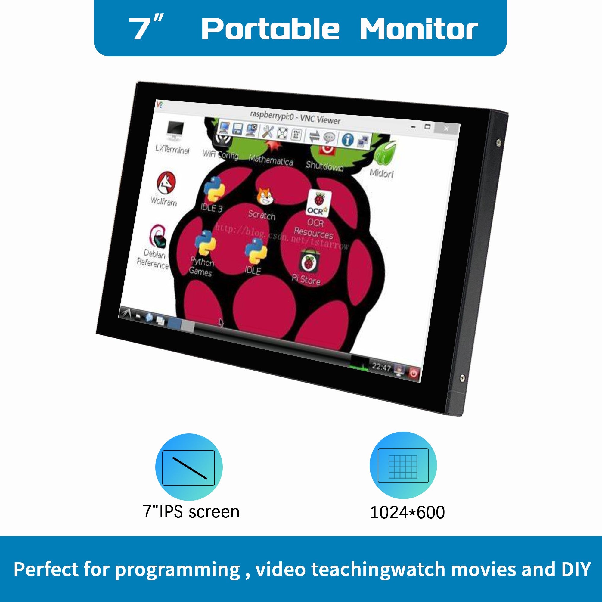 LCD1024x600 Monitor LCD HDMI de 7 pulgadas, adecuado para dispositivos de cámara/monitor/proyector, conexión AV/VGA/CC multiinterfaz