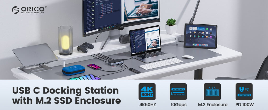 ORICO tipo C HUB con ventilador de refrigeración M.2 NVMe SATA SSD gabinete externo 10Gbps 4K 60Hz HDMI-Com RJ45 SD/TF estación de acoplamiento USB