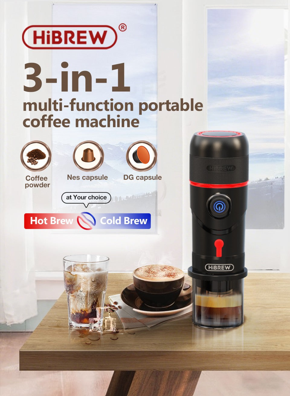 HiBREW Máquina de Café Portátil para Coche y Hogar, Cafetera de Expreso, Compatible con Cápsulas Dolce Nespresso y Café Molido, CC de 12 V, Dispositivo H4