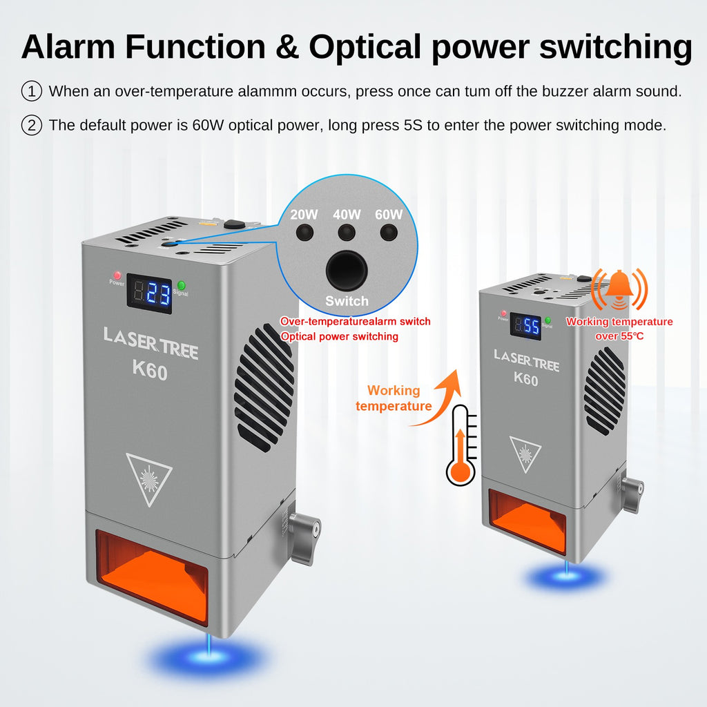 Árbol láser K60 de potencia óptica, cabezal láser de 60W, módulo de potencia ajustable de 20W/40W para grabado láser CNC, herramientas de corte de carpintería DIY