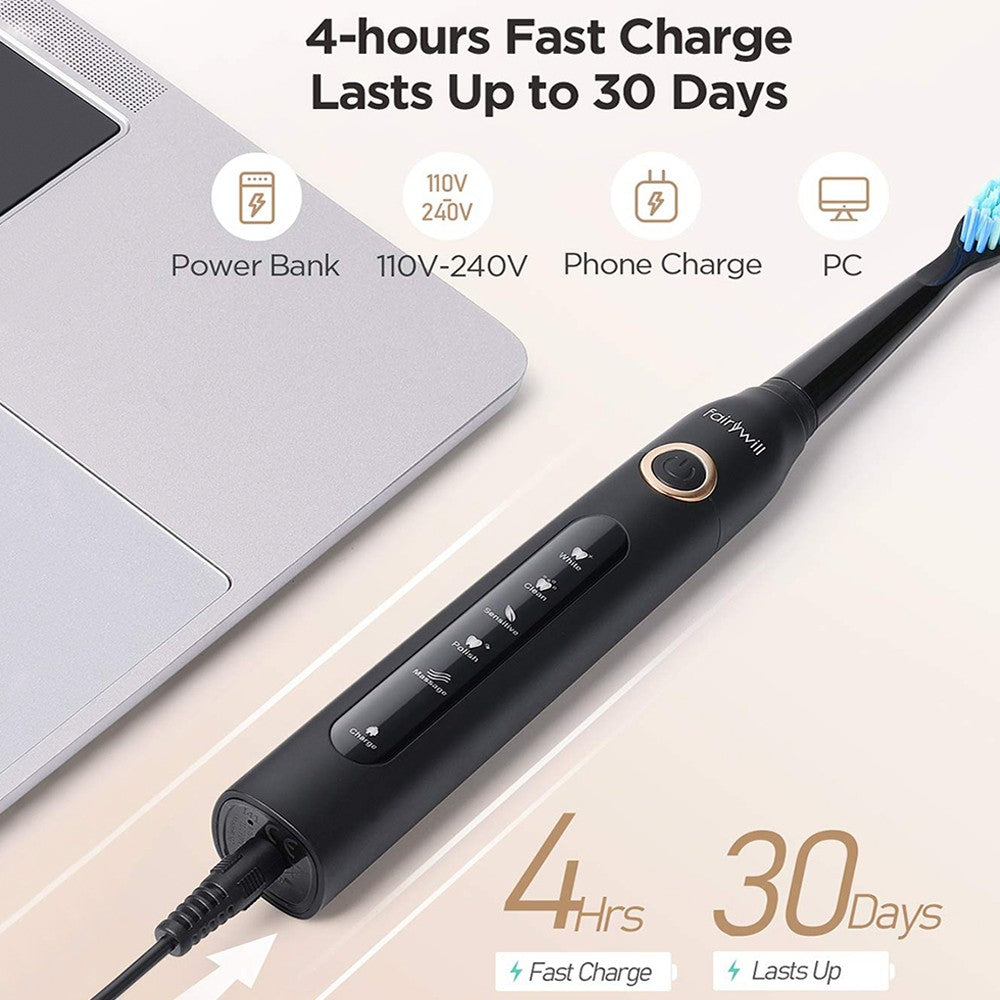 Fairywill-cepillo de dientes eléctrico FW-507, dispositivo con 5 modos, Cargador USB, temporizador de repuesto, 8 cabezales