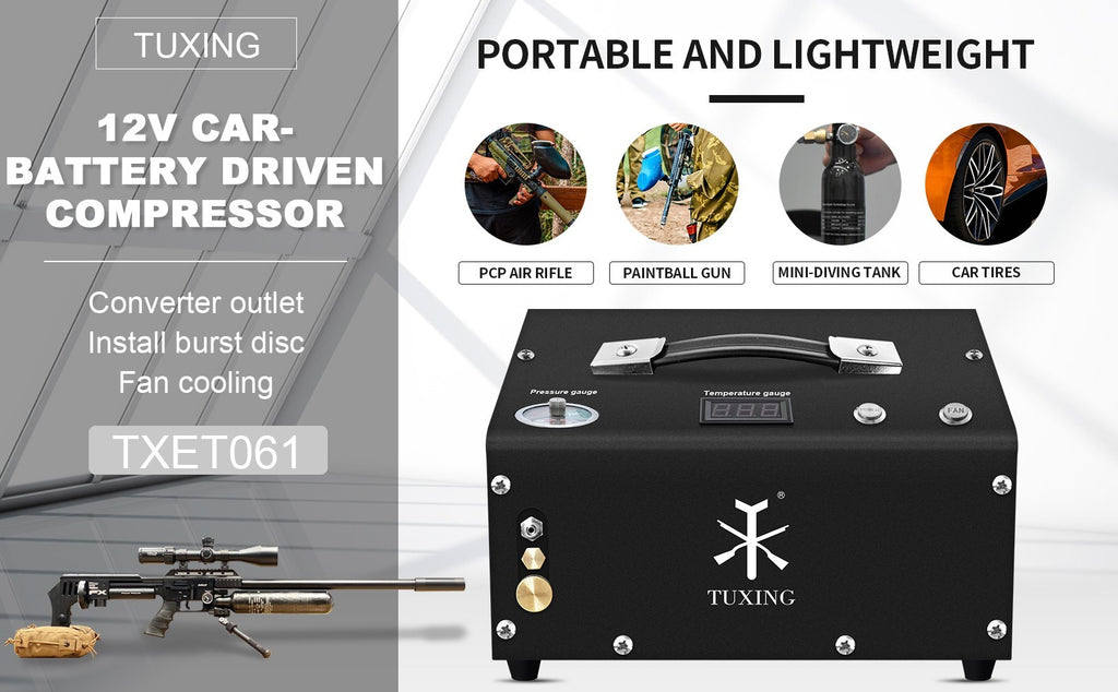 Compresor de aire PCP de parada automática TUXING TXET061 de 300 bar y 4500 psi de alta presión con adaptador de corriente de 12 V para buceo con rifle