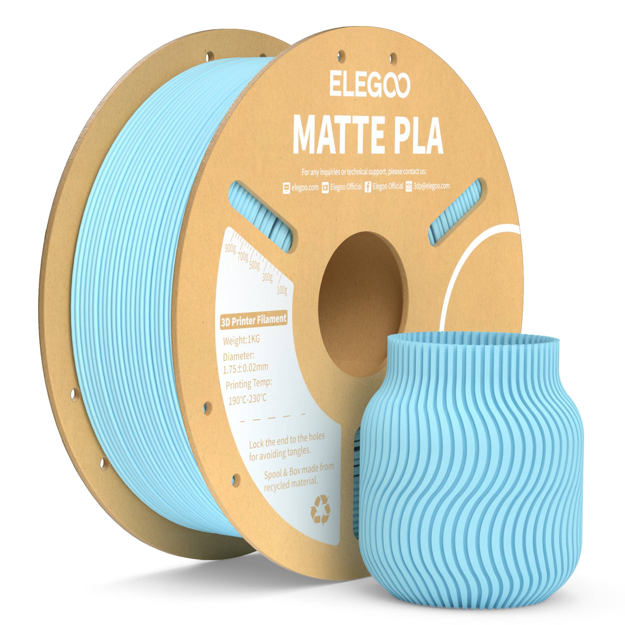 Filamento PLA Mate ELEGOO 1KG, 1.75mm para Impresora 3D FDM, Precisión Dimensional +/- 0.02mm, Bobina de Cartón de 1kg (2.2lbs)