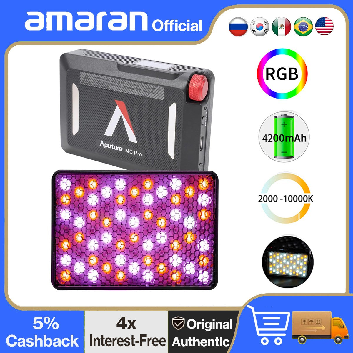 Aputure MC Pro RGBWW Luz LED, 2000K-10000K Soporte Atracción magnética Protección IP65 15 Efectos de luz incorporados Control por aplicación