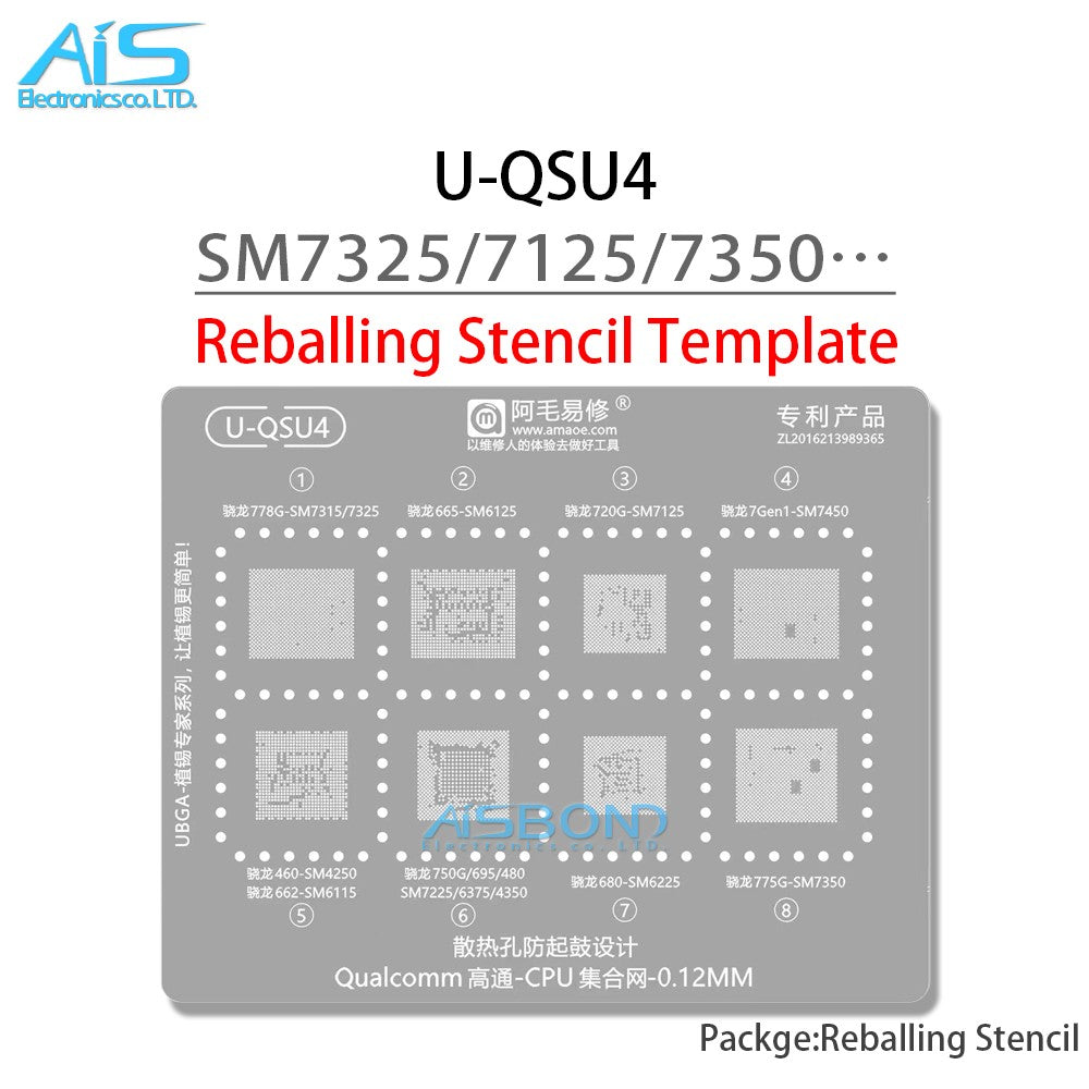 Plantilla de reparación BGA U-QSU1-6 para CPU serie Qualcomm SM8350 SM8250 SM8475 SM7325 SM7125 SM7350 SM8150 SM7250 SM8750 SM8635 Net