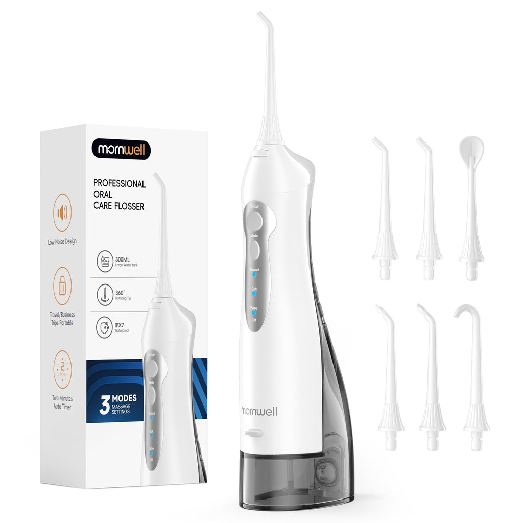Irrigador Bucal Mornwell con 6 Boquillas y 3 Modos, Irrigador Dental Inalámbrico Portátil D52, Limpiador de Dientes con Resistencia al Agua IPX7
