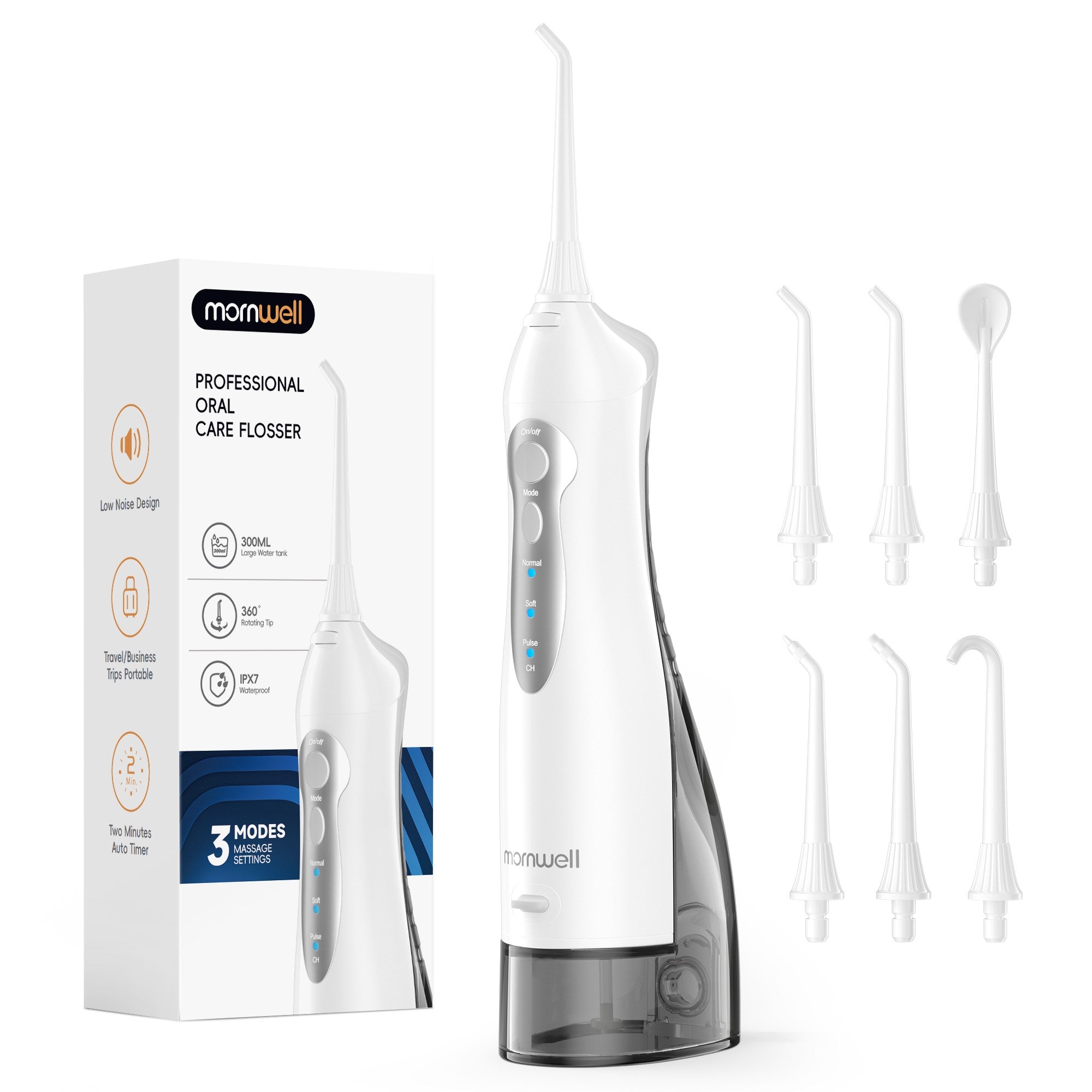 Irrigador Bucal Mornwell con 6 Boquillas y 3 Modos, Irrigador Dental Inalámbrico Portátil D52, Limpiador de Dientes con Resistencia al Agua IPX7