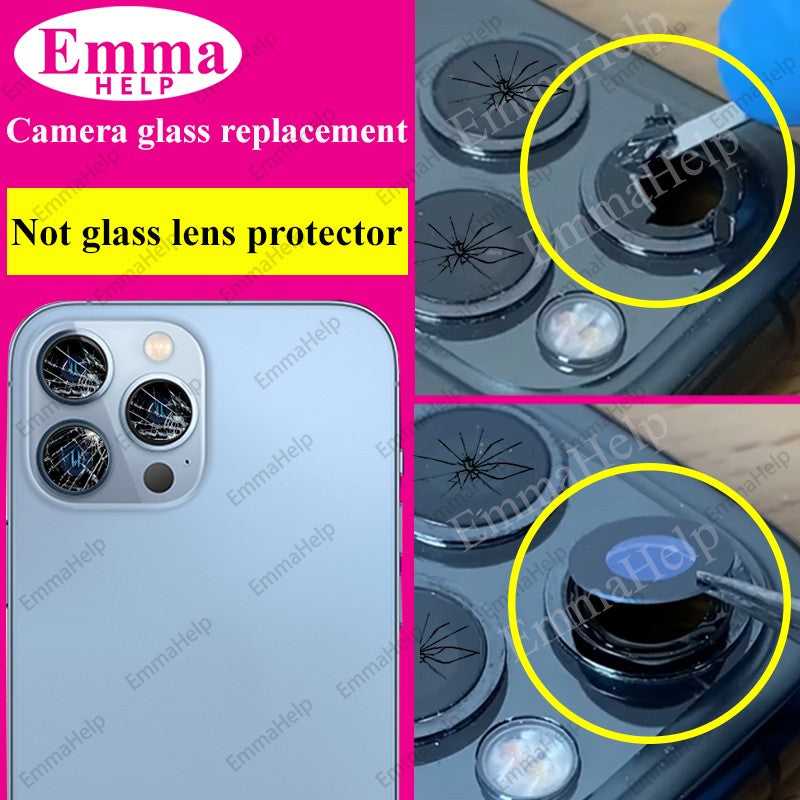 EmmaHelp Juego de 10 cristales de repuesto para cámara trasera de iPhone 15 14 13 XR X XS SE 7 8 11 12 Pro Max, cubierta de lente de cámara trasera, adhesivo de repuesto A+